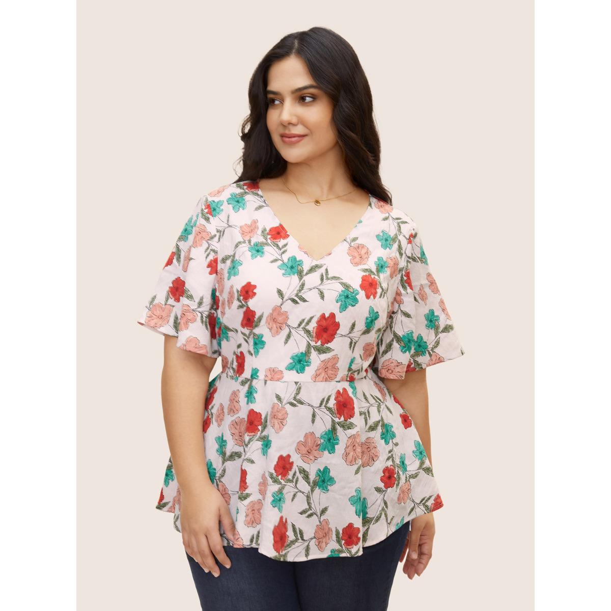 Plus Size Multicolor V Neck Floral Print Ruffle Sleeve Blouse Women Elegant Short sleeve V-neck Everyday Blouses BloomChic 10/M Product Image