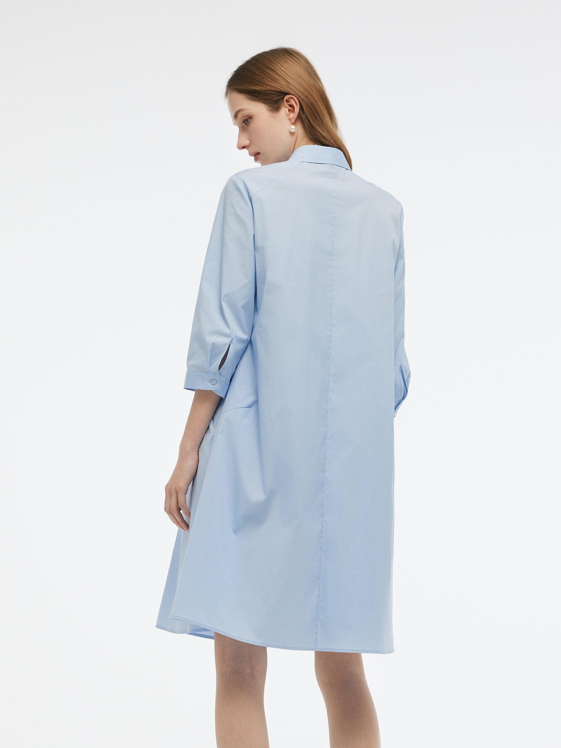 A-Line Button Up Women 3/4 Sleeve Shirt Midi Dress With Ribbon Product Image