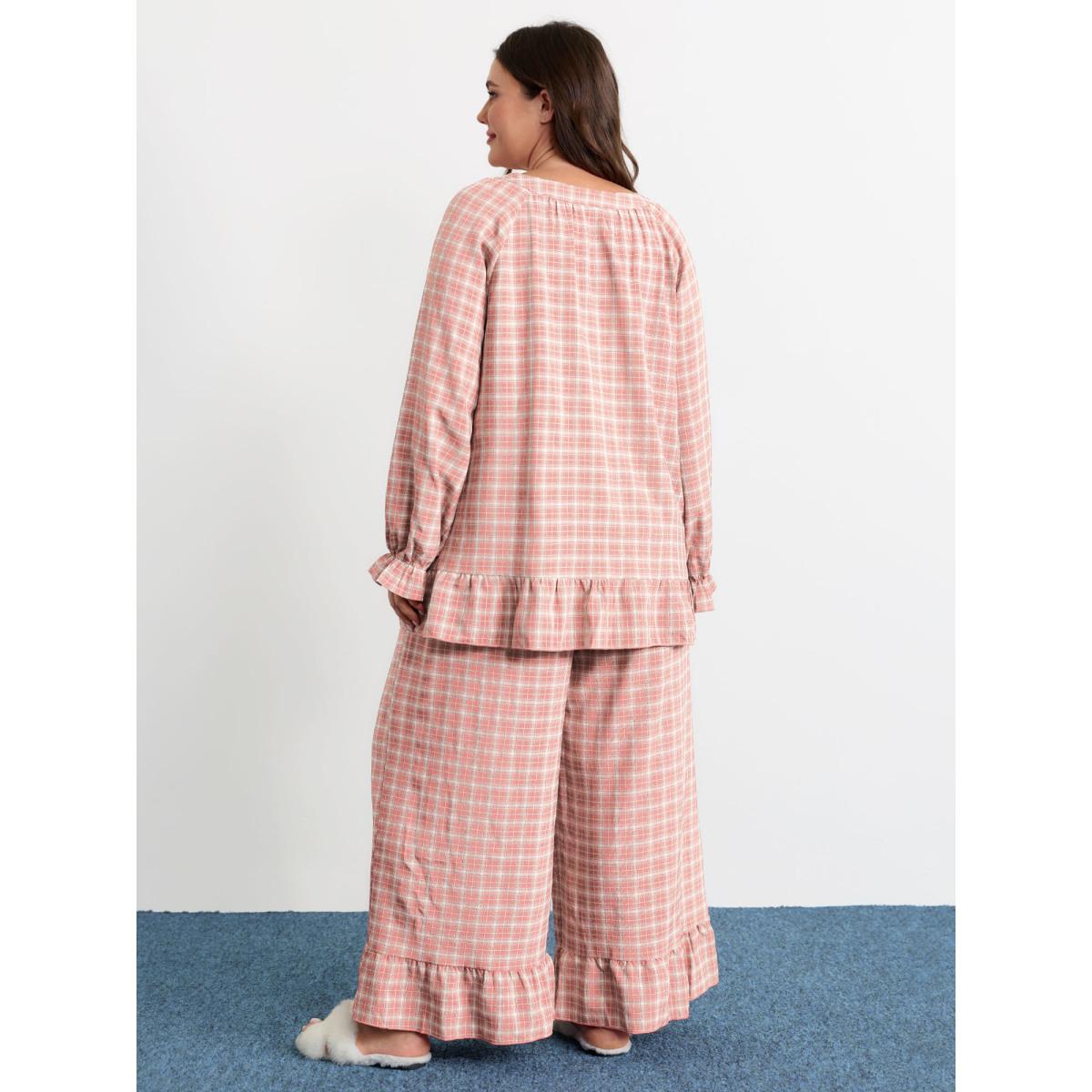Plus Size Gingham Ruffled Hem Loungewear Set Women Rouge Button Extra Long Sleeve Round Neck Leisure Loungewear Sets BloomChic 26/4X Product Image