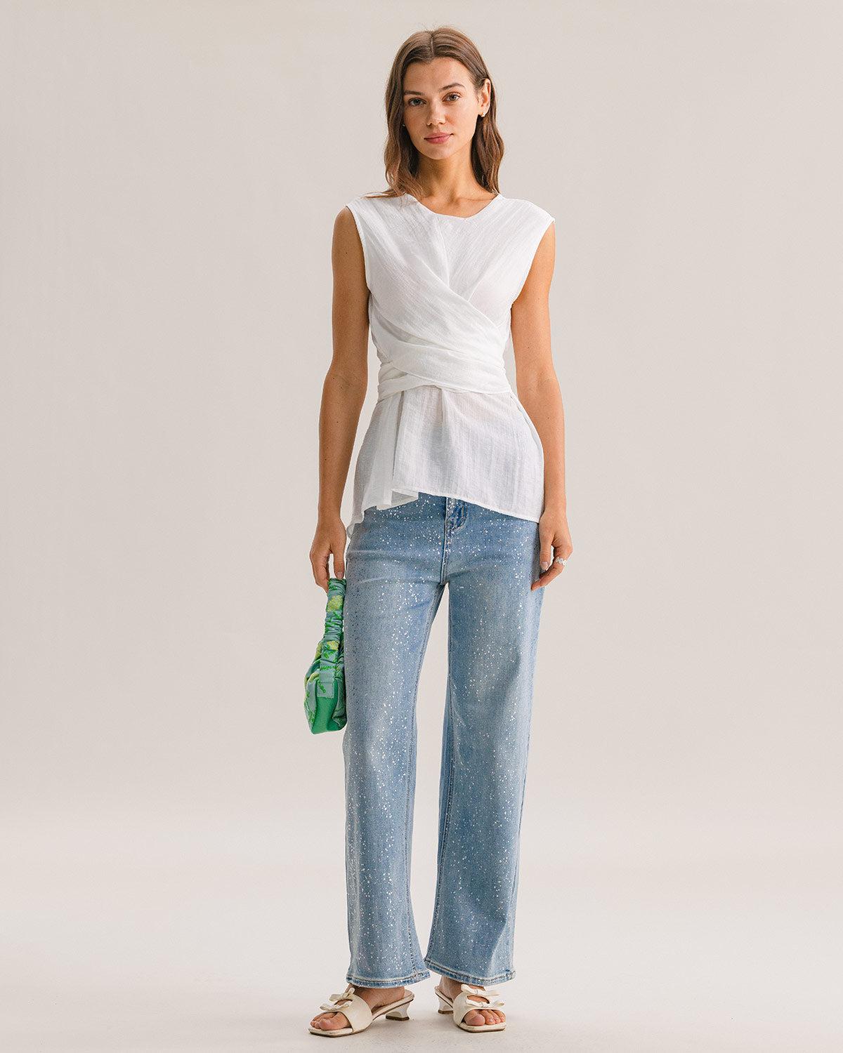 White Round Neck Tank Top Product Image