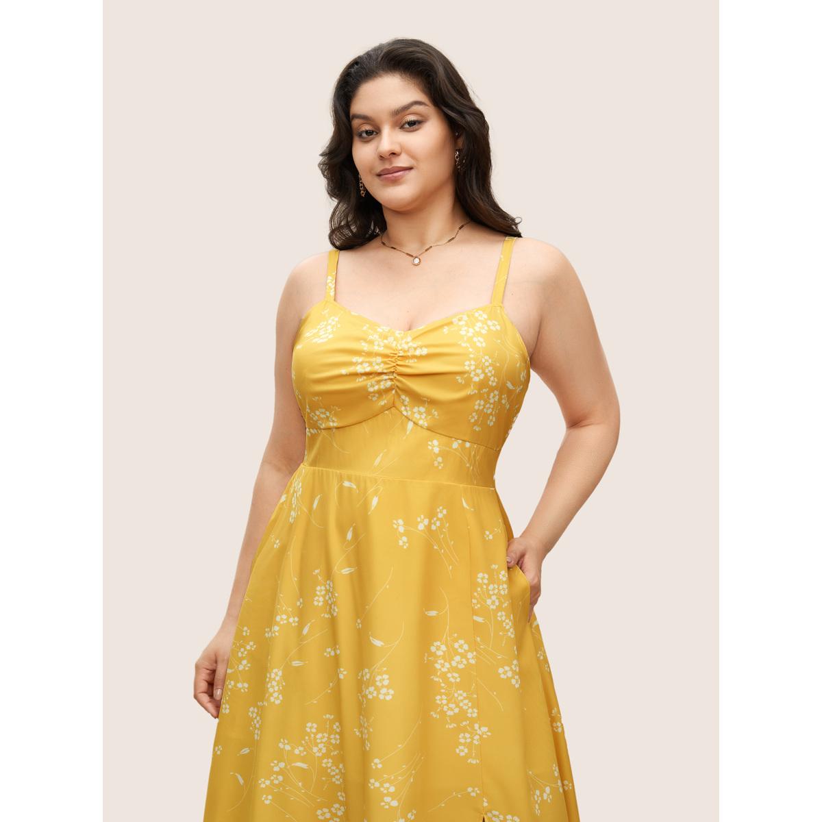Plus Size Ditsy Floral Ruched Adjustable Straps Dress Yellow Women Elegant Gathered Non Sleeveless Curvy BloomChic 18-20/2X Product Image