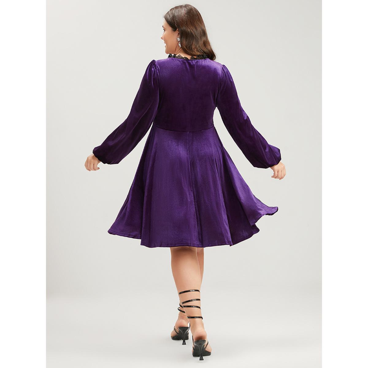 Solid Party High Waist Vintage Plus Size Women Knee Dress Going out Plain Pocket Moderately Stretchy Lantern Sleeve Long Sleeve V Neck Glamour Dresses BloomChic Product Image