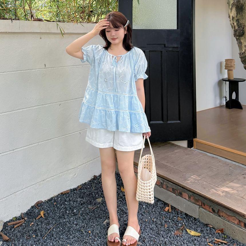Plus Size Puff-Sleeve Notch Neck Embroidered Perforated Tie Front Blouse Product Image