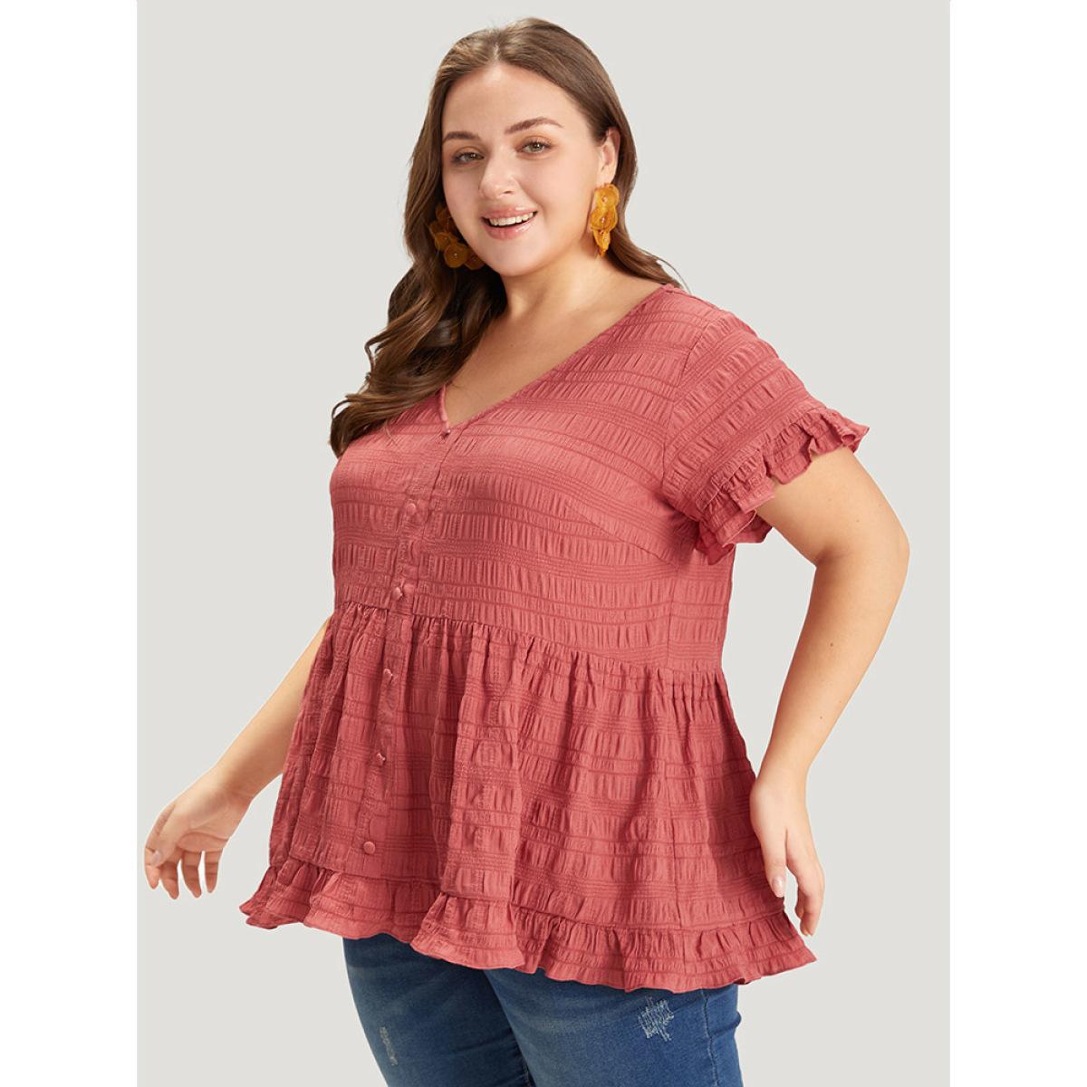 Plus Size Coral Plain Textured Button Detail Ruffle Sleeve Blouse Women Elegant Short sleeve V-neck Dailywear Blouses BloomChic 18-20/2X Product Image