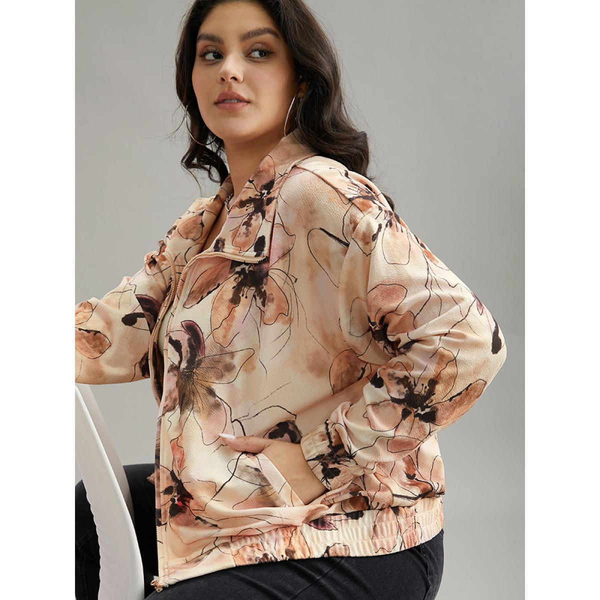 Plus Size Floral Zipper Gathered Elastic Cuffs Jacket Women Multicolor Elastic cuffs Pocket Dailywear Jackets BloomChic 22-24/3X Product Image