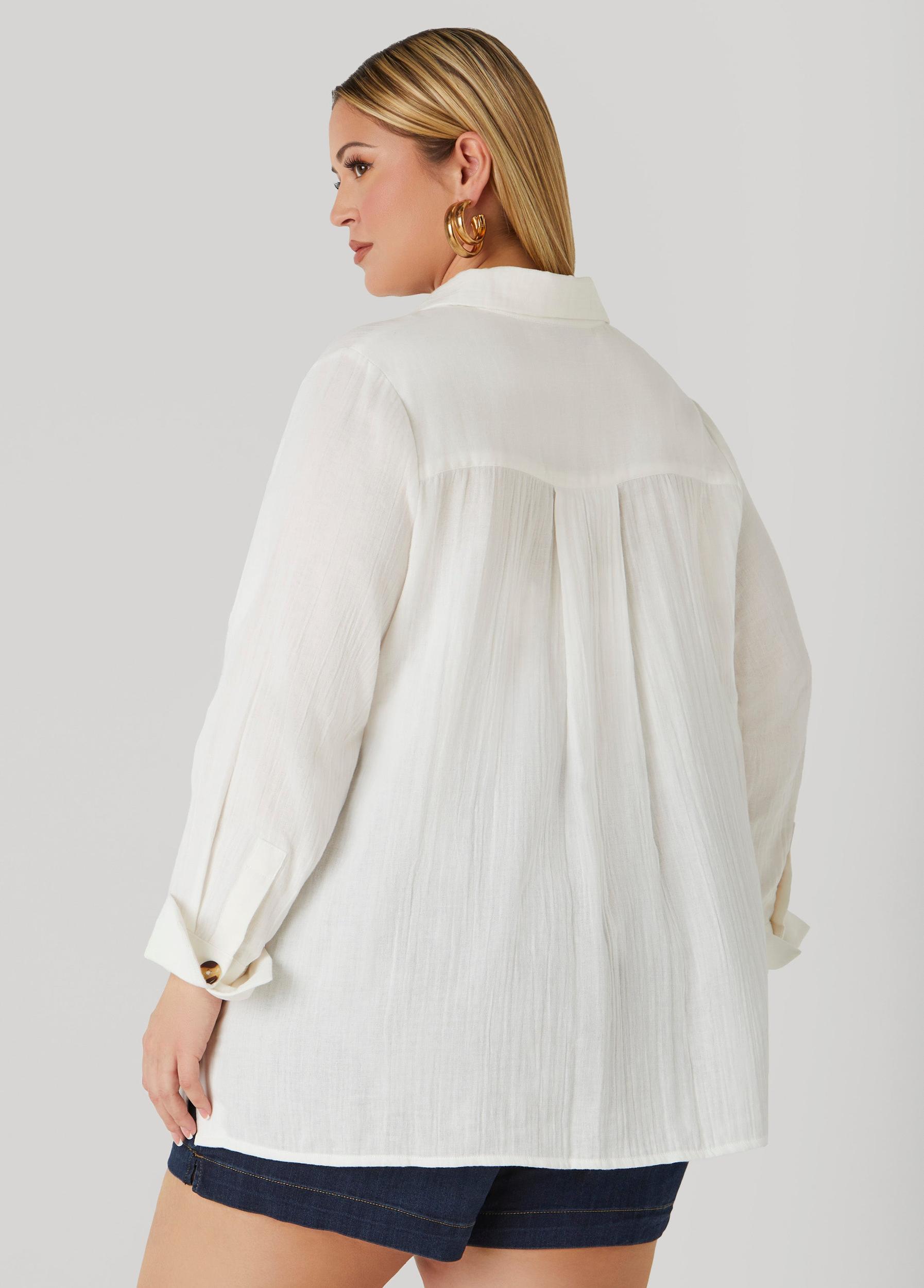 Plus Size Button Detailed Cotton Gauze Shirt Ashley Stewart Product Image