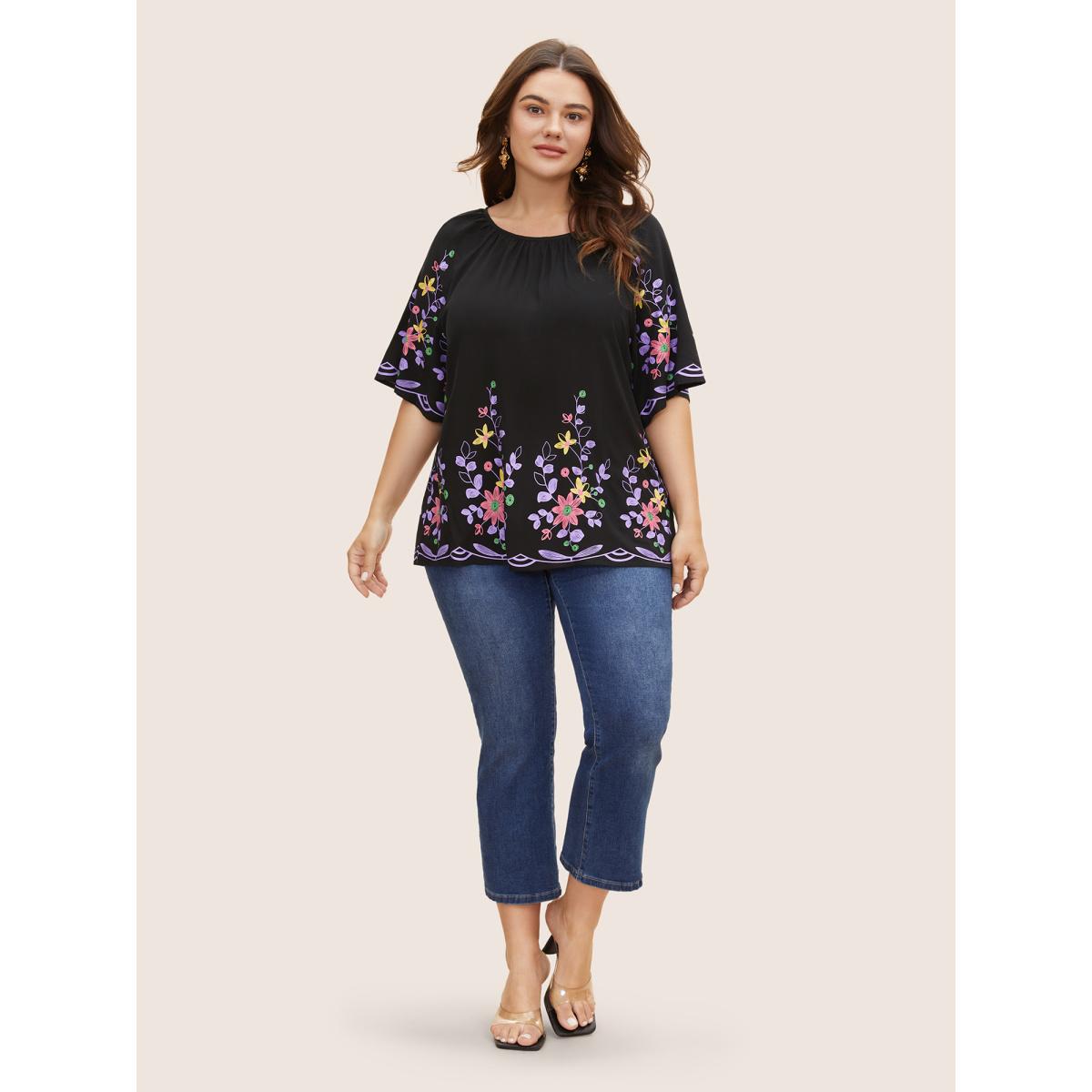 Plus Size Black Boho Print Gathered Ruffle Sleeve Blouse Women Elegant Half Sleeve Round Neck Everyday Blouses BloomChic 14-16/1X Product Image