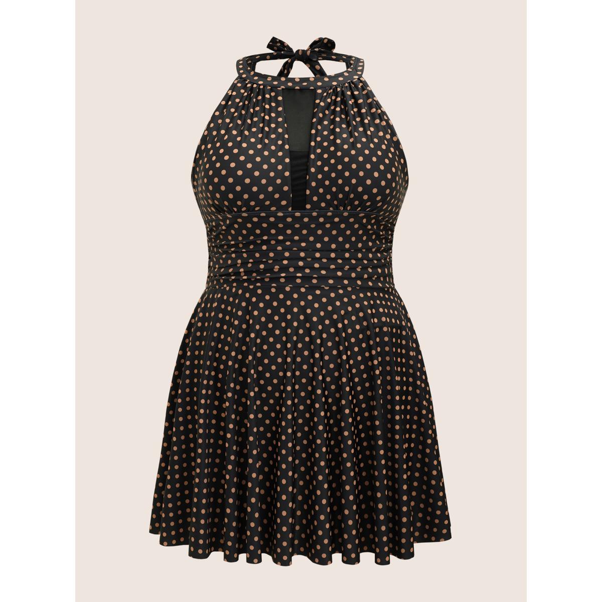 Plus Size Polka Dot Halter Neck Gathered Swim Dress Women's Swimwear Black Beach Bodycon Halter neck High stretch Curve Swim Dresses BloomChic 10/M Product Image