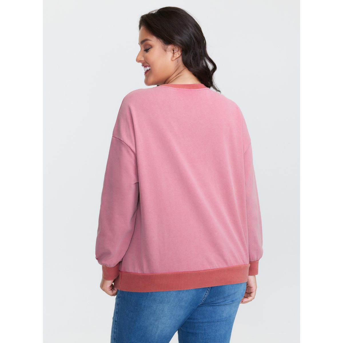 Plus Size Pure Cotton Washed Distressed Pocket Sweatshirt Women Beanpastepowder Leisure Contrast Round Neck Casual Sweatshirts BloomChic 14-16/1X Product Image