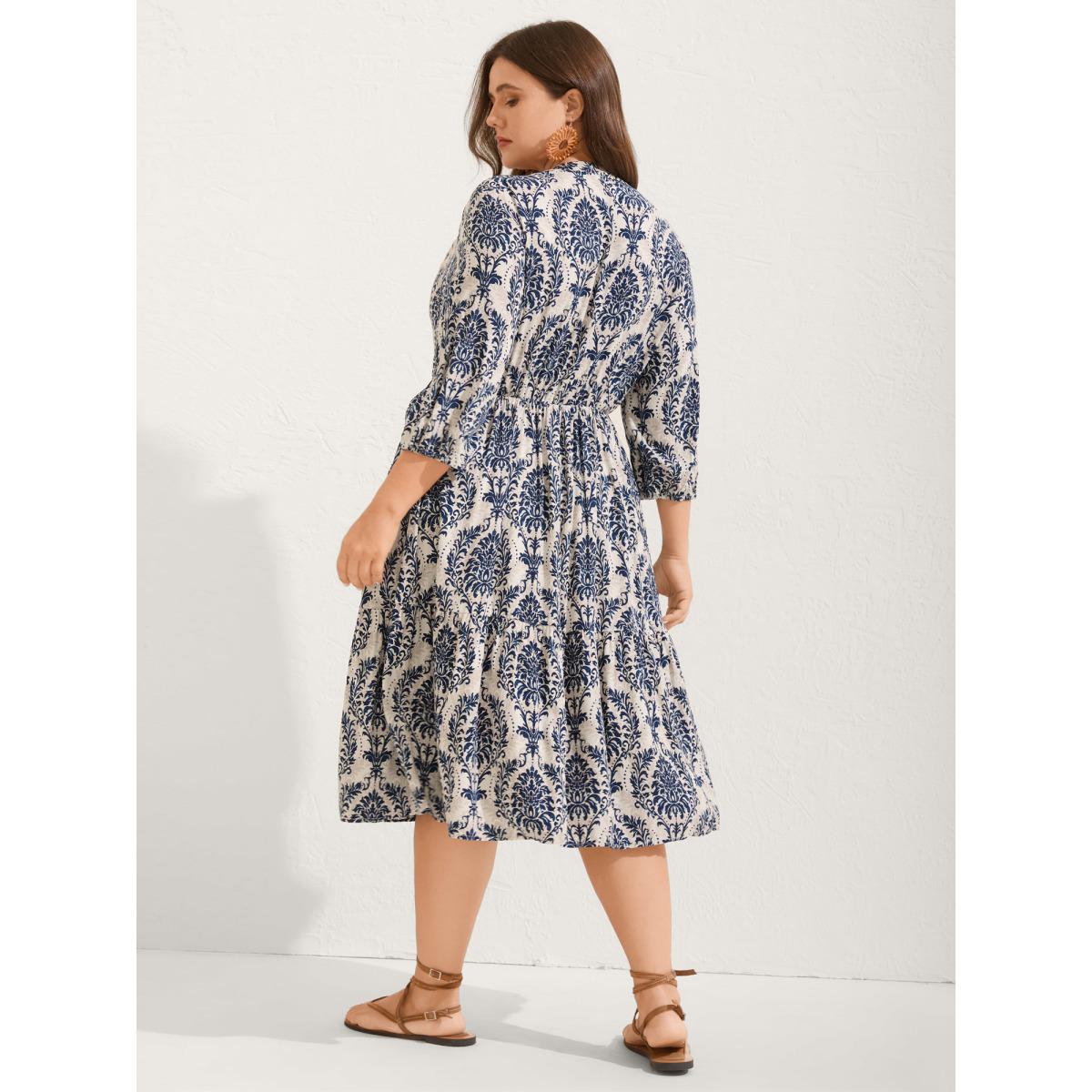 Plus Size Damask Print Tie Knot Puff Sleeve Dress DarkBlue Women Resort Tie knot V-neck Elbow-length sleeve Curvy BloomChic 22-24/3X Product Image