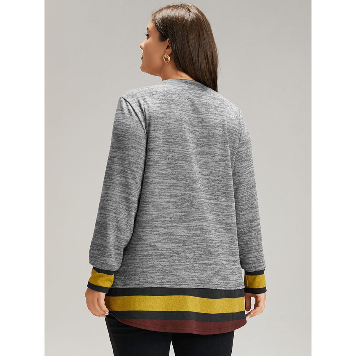 Plus Size Striped Heather Patchwork Curved Hem Sweatshirt Women Gray Casual Contrast Round Neck Dailywear Sweatshirts BloomChic 12/L Product Image