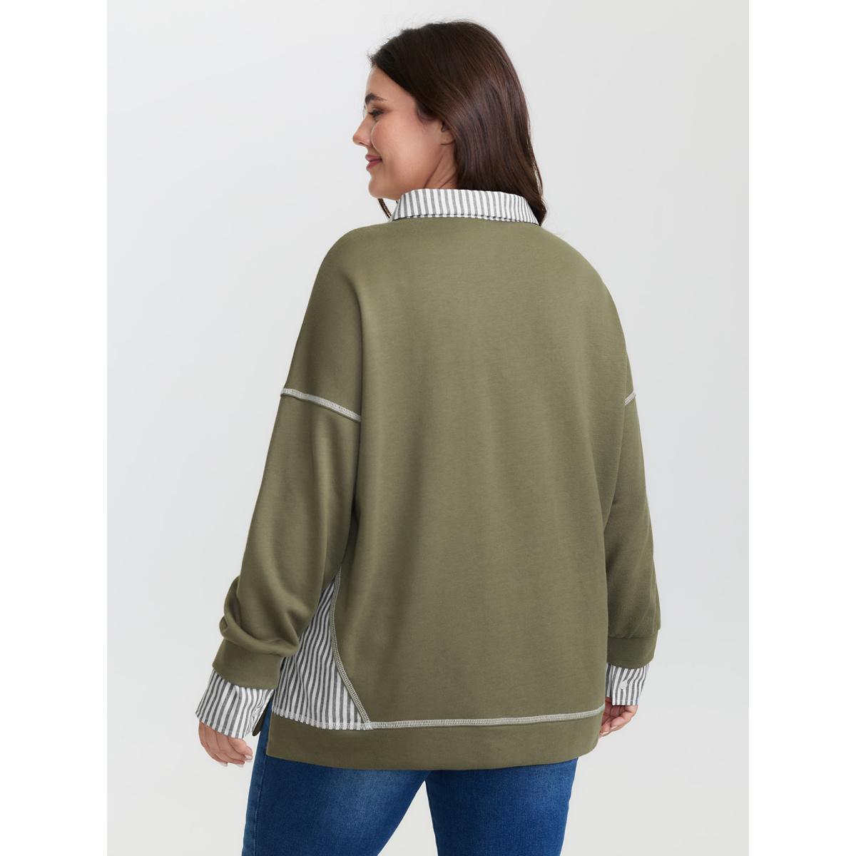 Plus Size 2-In-1 Stripe Drop Shoulder Sweatshirt Women Sage Leisure Contrast Shirt collar Casual Sweatshirts BloomChic 12/L Product Image
