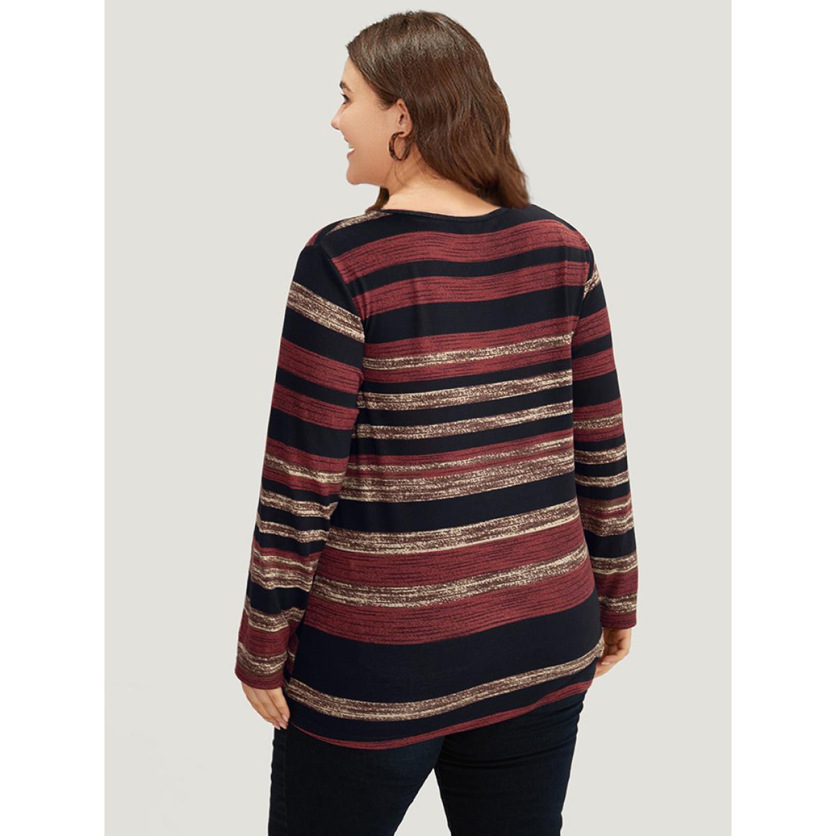 Plus Size Striped Contrast V Neck T-shirt Burgundy Women Casual Printed Striped V-neck Dailywear T-shirts BloomChic 18-20/2X Product Image