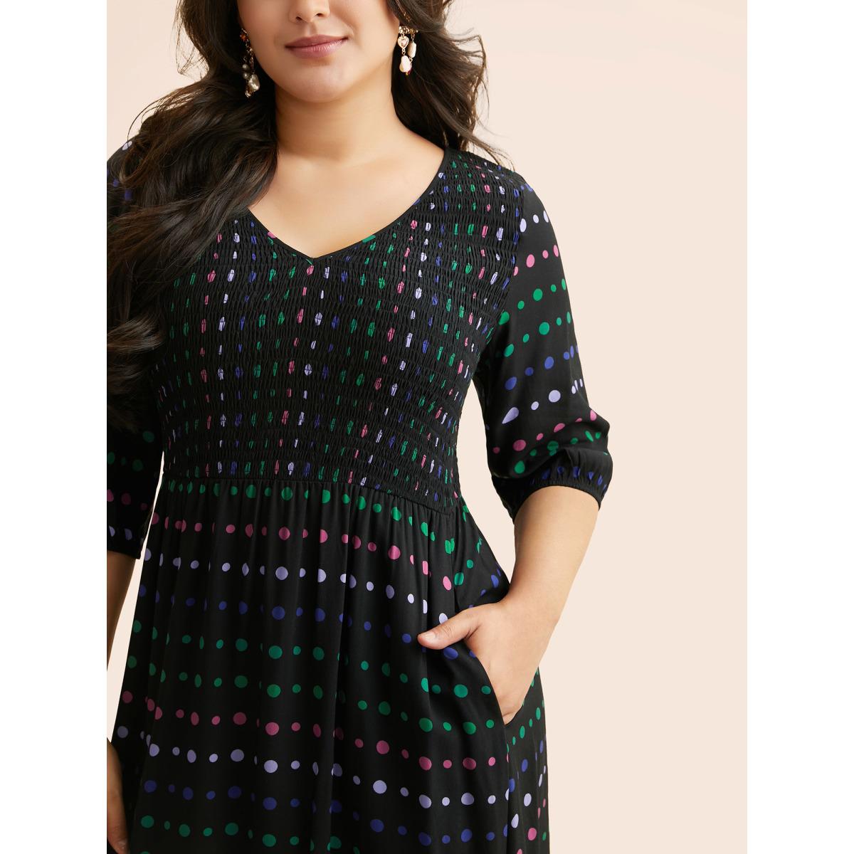 Plus Size Polka Dot Shirred Lantern Sleeve Dress Midnight Women Elegant Shirred V-neck Elbow-length sleeve Curvy BloomChic 26/4X Product Image