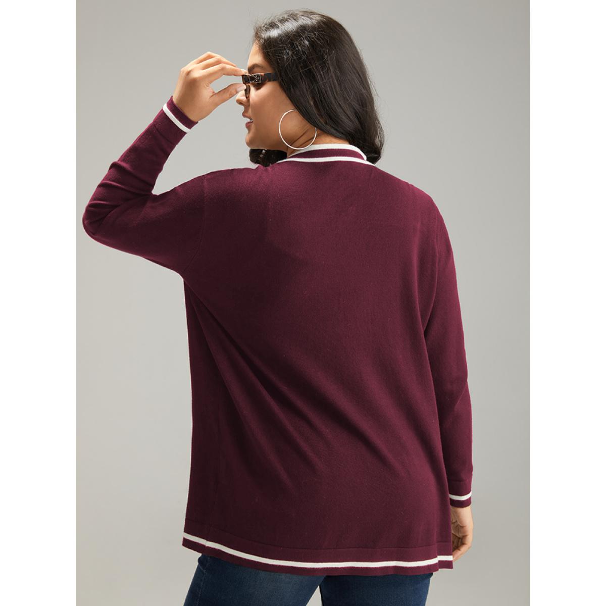 Plus Size Supersoft Essentials Striped Patchwork Pocket Open Front Cardigan Burgundy Women Casual Loose Long Sleeve Everyday Cardigans BloomChic 12/L Product Image