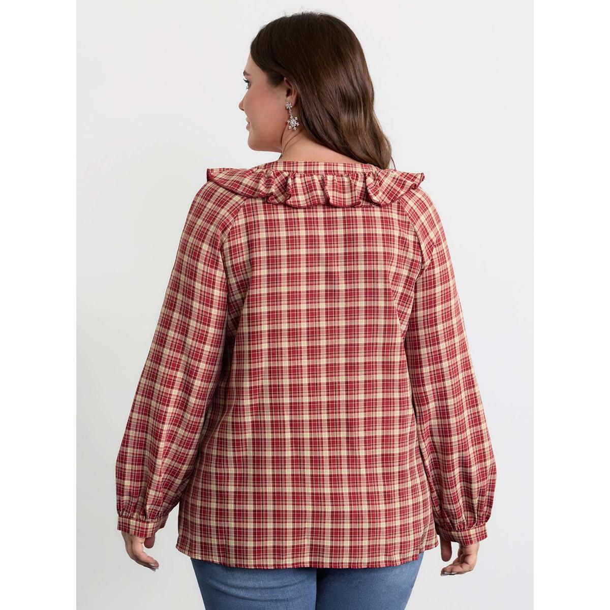 Plus Size Scarlet Gingham Print Ruffled Neck Button Blouse Women Leisure Long Sleeve Notched collar Casual Blouses BloomChic 22-24/3X Product Image