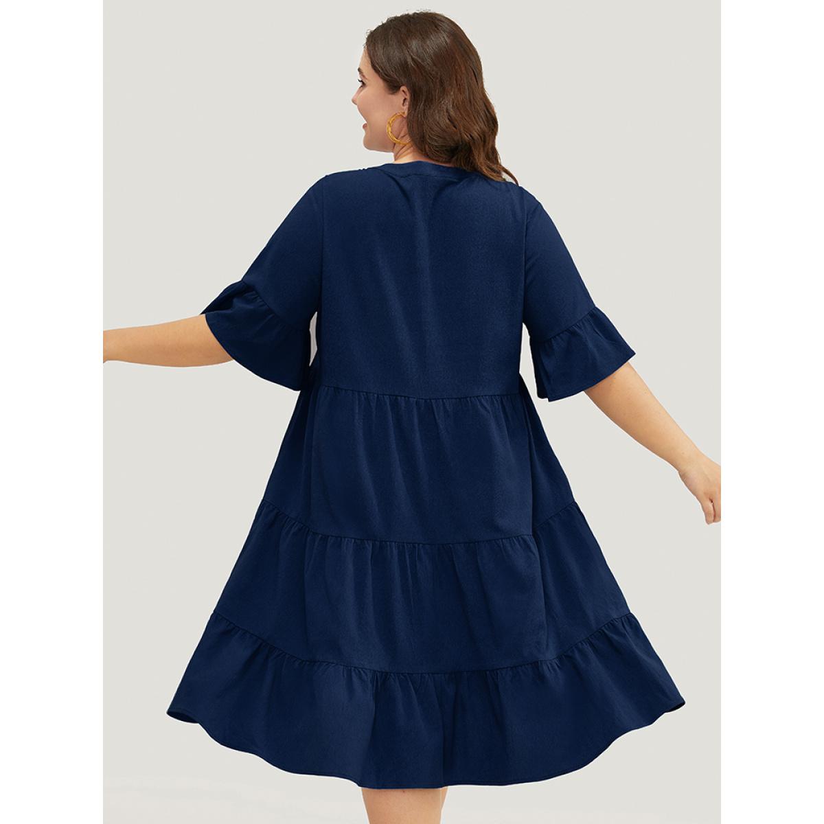 Plus Size Solid Button Detail Pocket Ruffle Tiered Bell Sleeve Midi Dress DarkBlue Women Vacation Stand-up collar Half Sleeve Curvy Knee Dress BloomChic 12/L Product Image