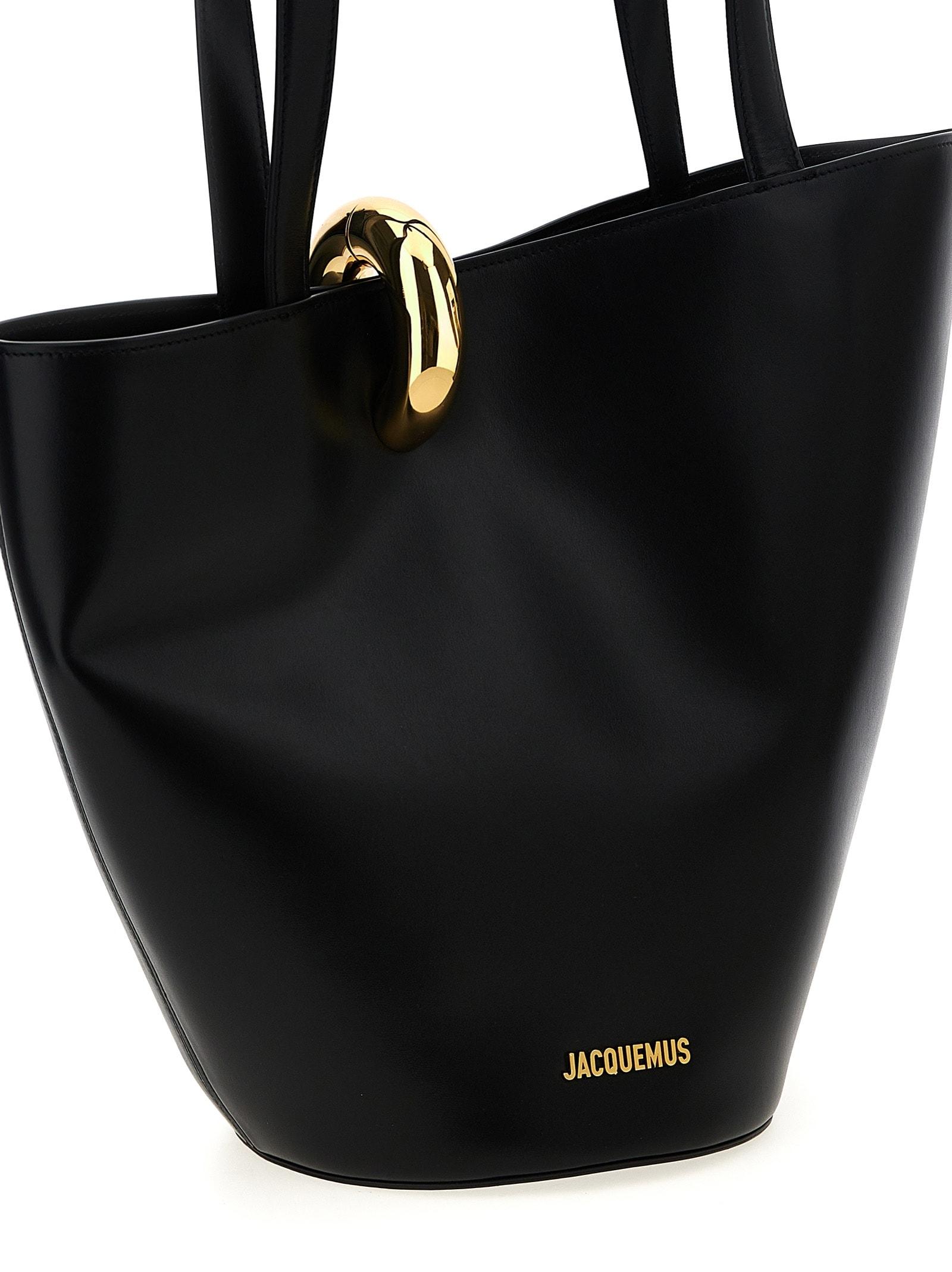 JACQUEMUS The Medium Bambola Asymmetric Leather Bucket Bag In Black 990 Product Image