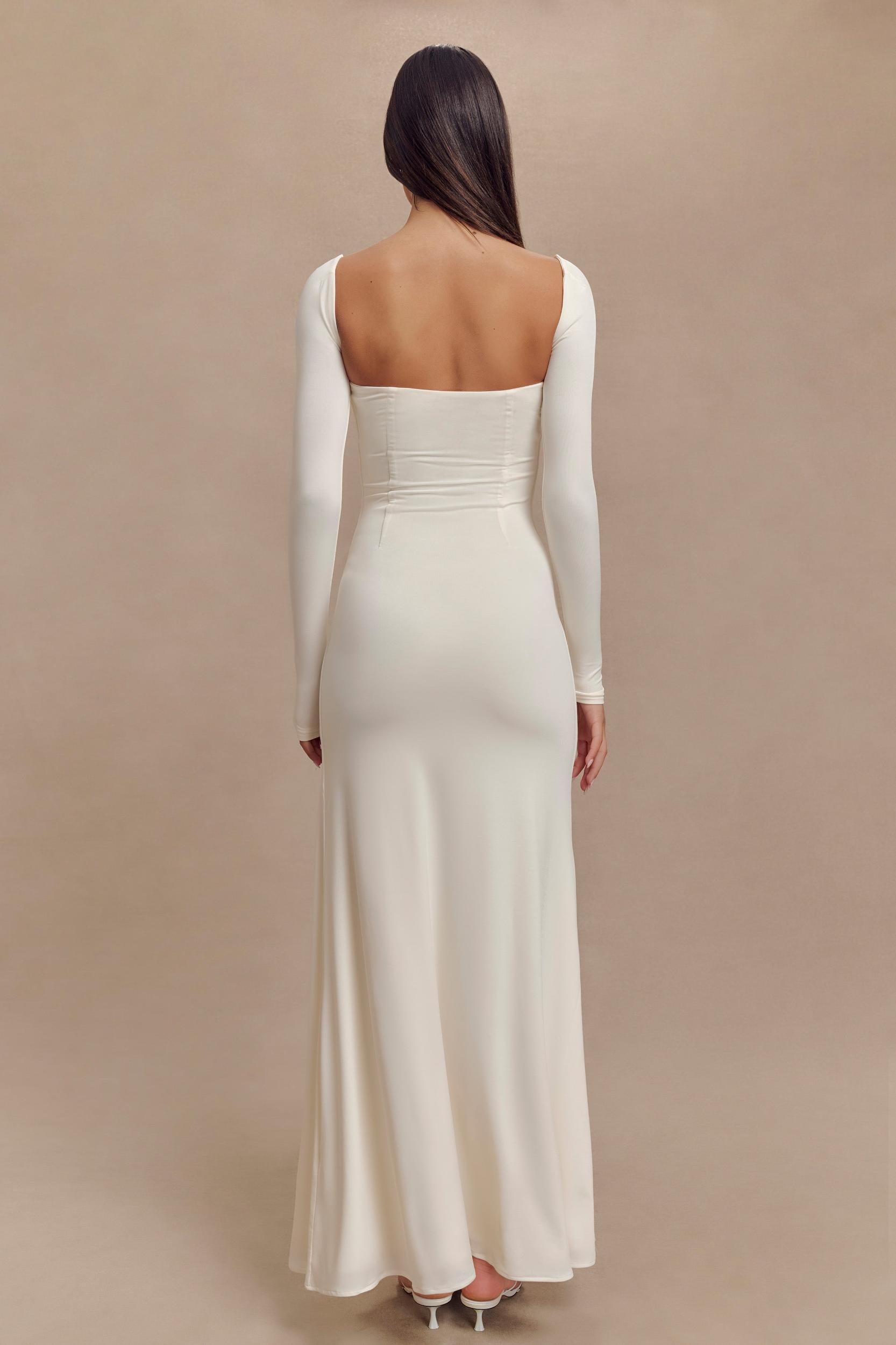 Desirie Slinky Long Sleeve Maxi Dress With Split - Ivory Product Image