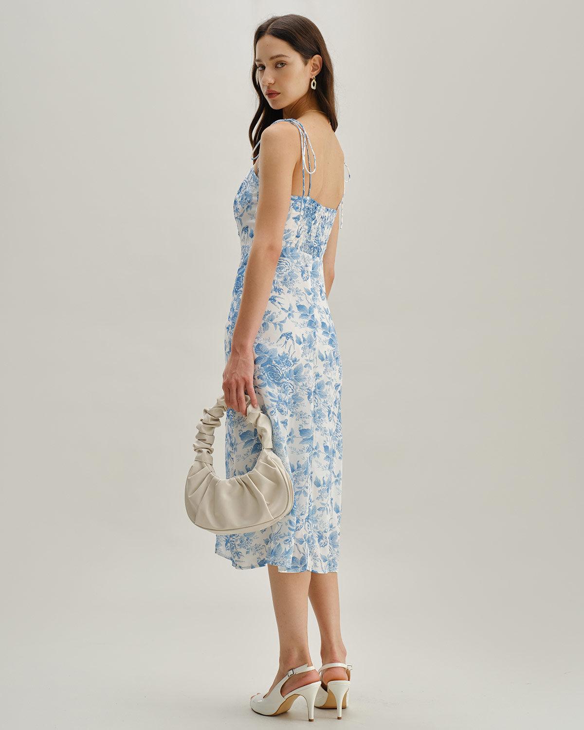 The Blue Sweetheart Neck Shirred Midi Dress Product Image