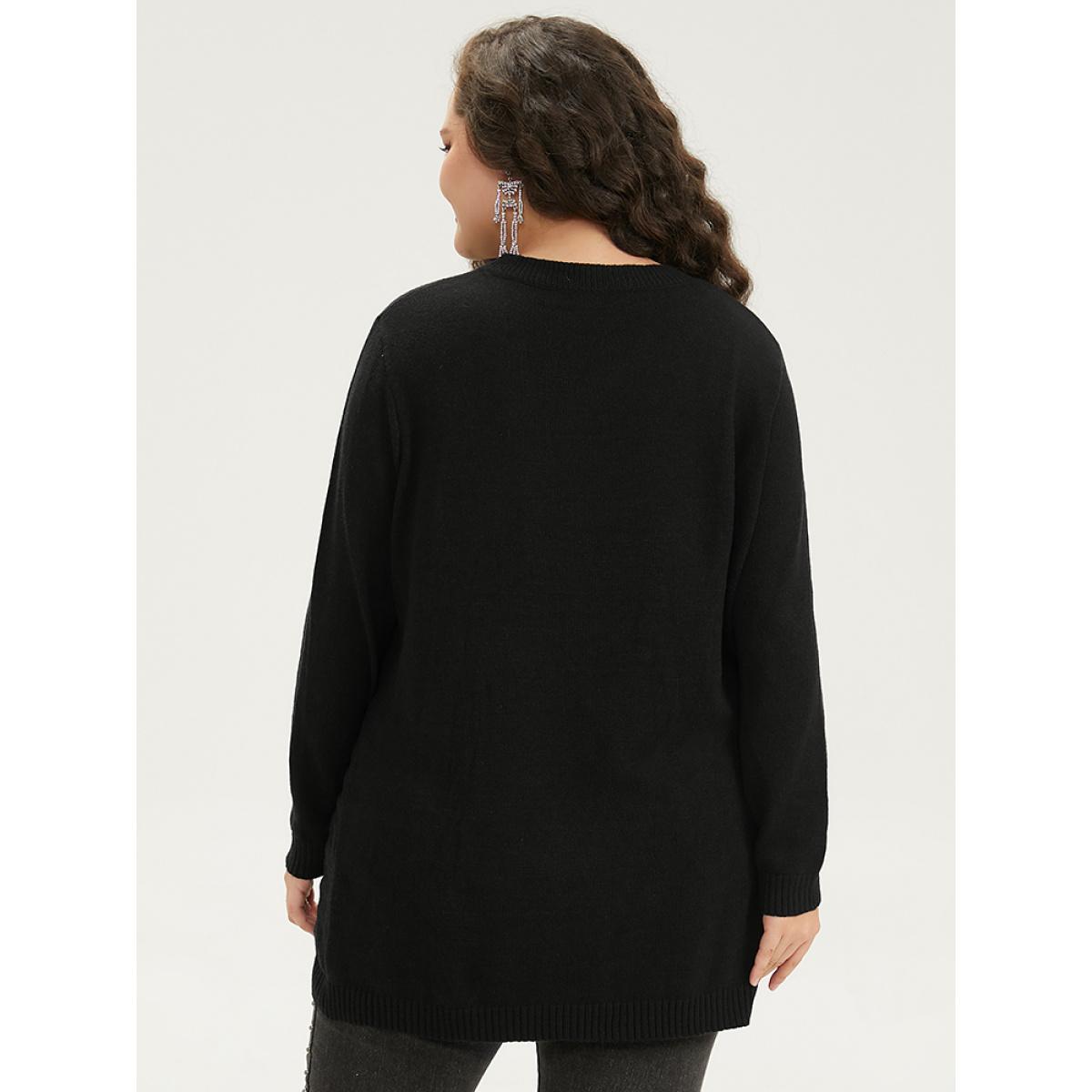 Plus Size Supersoft Essentials Halloween Ghost Face Print Pullover Black Women Casual Loose Long Sleeve Round Neck Festival-Halloween Pullovers BloomChic 28/5X Product Image