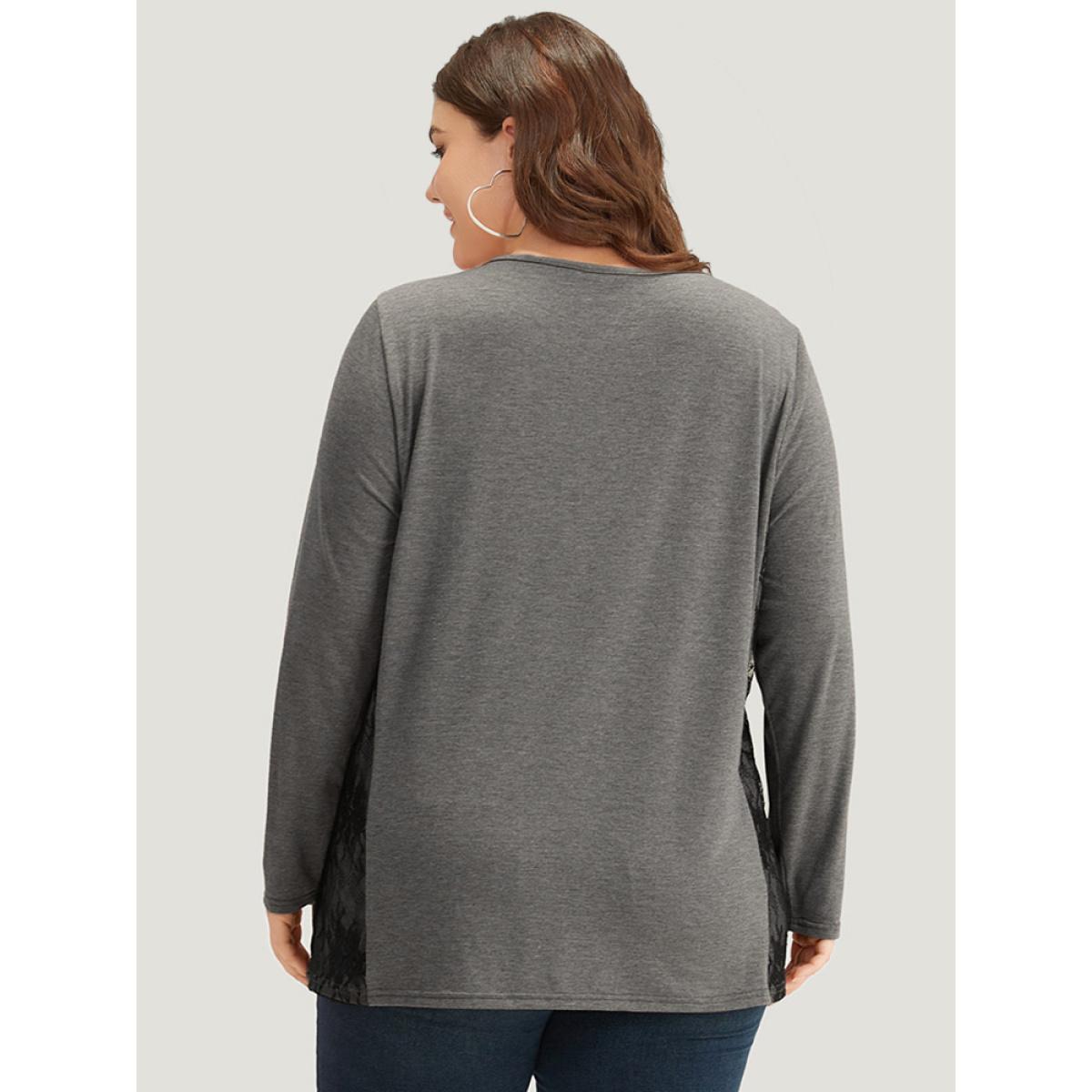 Plus Size Crochet Lace Crew Neck Patchwork T-shirt Gray Women Elegant Contrast Plain Round Neck Everyday T-shirts BloomChic 10/M Product Image