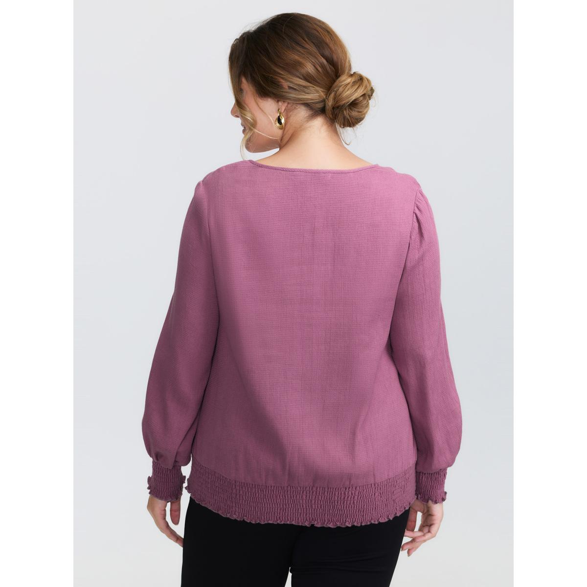 Plus Size Mauve Pure Cotton Textured Shirred Blouse Women Leisure Extra Long Sleeve Round Neck Elegant Blouses BloomChic 30/6X Product Image