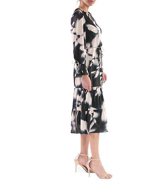 Julia Jordan Floral Satin Scoop Neck Long Sleeve Tie Cuff Tiered Midi Dress Product Image