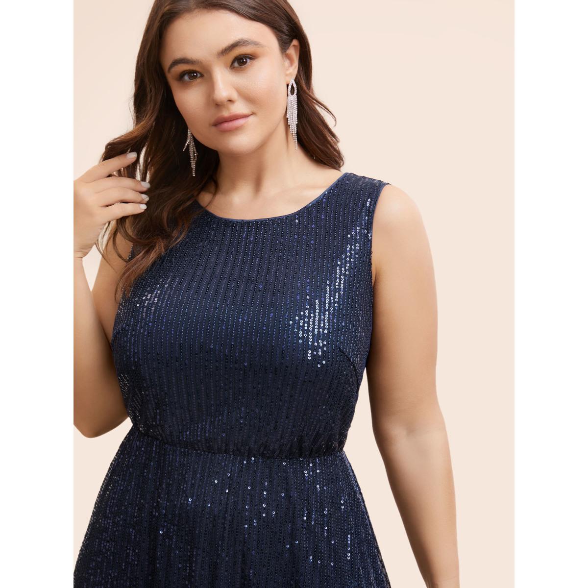 Plus Size Round Neck Sequin Mesh Tank Dress Midnight Women Cocktail Texture Round Neck Sleeveless Curvy BloomChic 18-20/2X Product Image