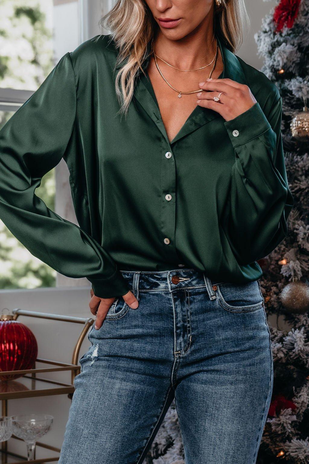 Green Satin Button Up Bodysuit - FINAL SALE Product Image