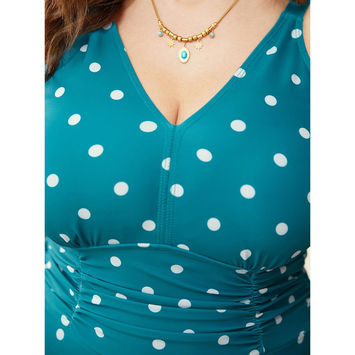Plus Size Polka Dot Ruched Detail V Neck Flutter Swim Dress Women's Swimwear Teal Vacation Bodycon V-neck High stretch Curve Swim Dresses BloomChic 10/M Product Image