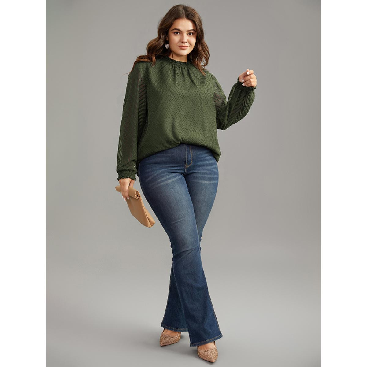 Plus Size ArmyGreen Plain Patchwork Mesh Shirred Frill Trim Blouse Women Office Long Sleeve Round Neck Work Blouses BloomChic 18-20/2X Product Image