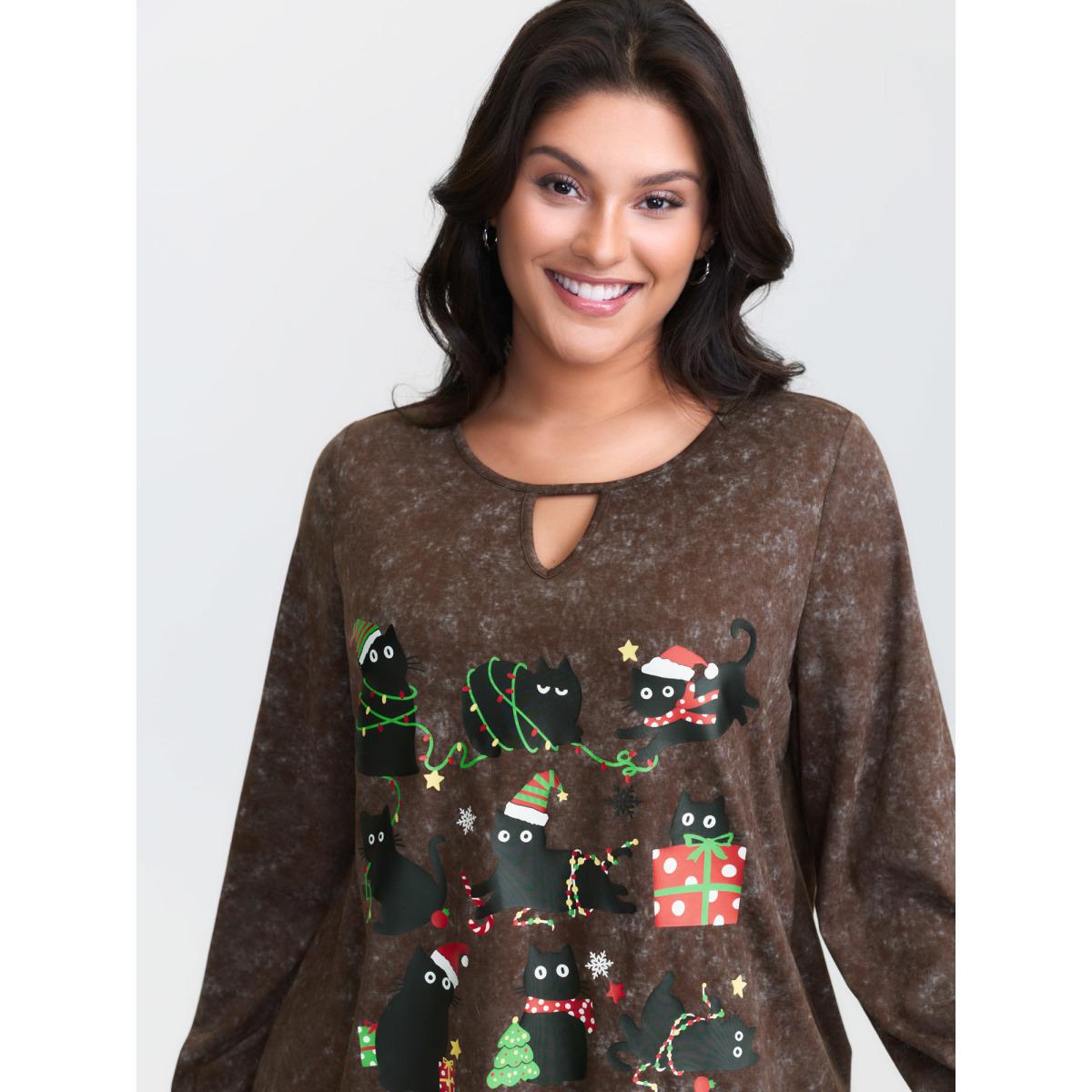 Plus Size Holiday Cat Snowflake Effect T-Shirt DarkBrown Women Leisure Cut-Out Christmas Round Neck Casual T-shirts BloomChic 12/L Product Image