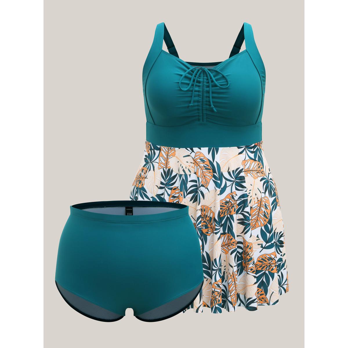Plus Size Tropical Print Adjustable Drawstring Swim Dress Women's Swimwear Cyan Resort Bodycon Heart neckline High stretch Curve Swim Dresses BloomChic 18-20/2X Product Image