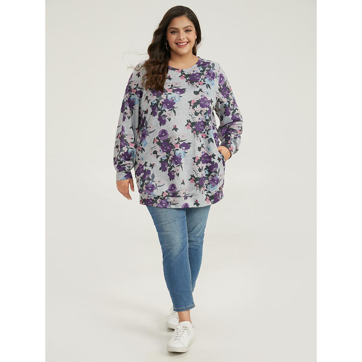 Plus Size Floral Print Pocket Sweatshirt Women DimGray Casual Printed Round Neck Dailywear Sweatshirts BloomChic 10/M Product Image