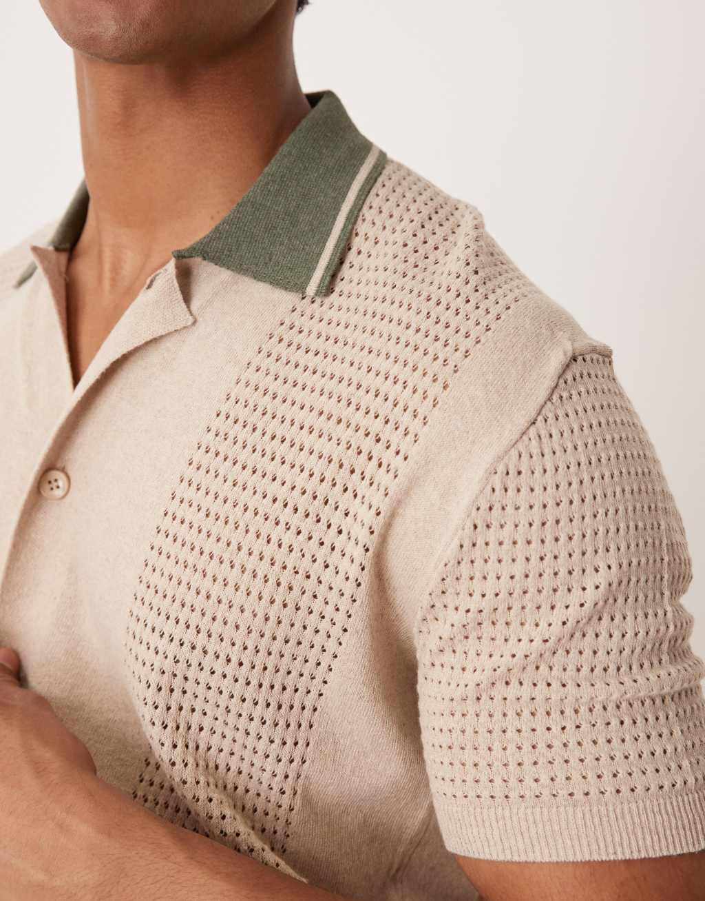 ASOS DESIGN relaxed boxy button up knit polo shirt with contrast collar in beige Product Image