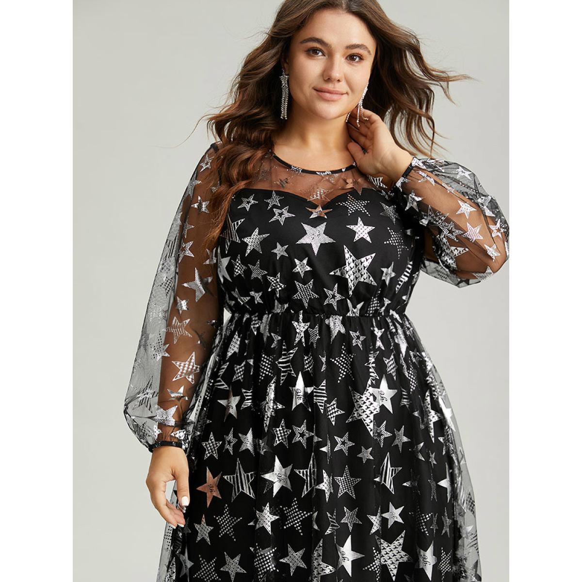 Plus Size Christmas Star Mesh Patchwork Lantern Sleeve Dress Black Women Party Elastic cuffs Round Neck Long Sleeve Curvy Midi Dress BloomChic 12/L Product Image