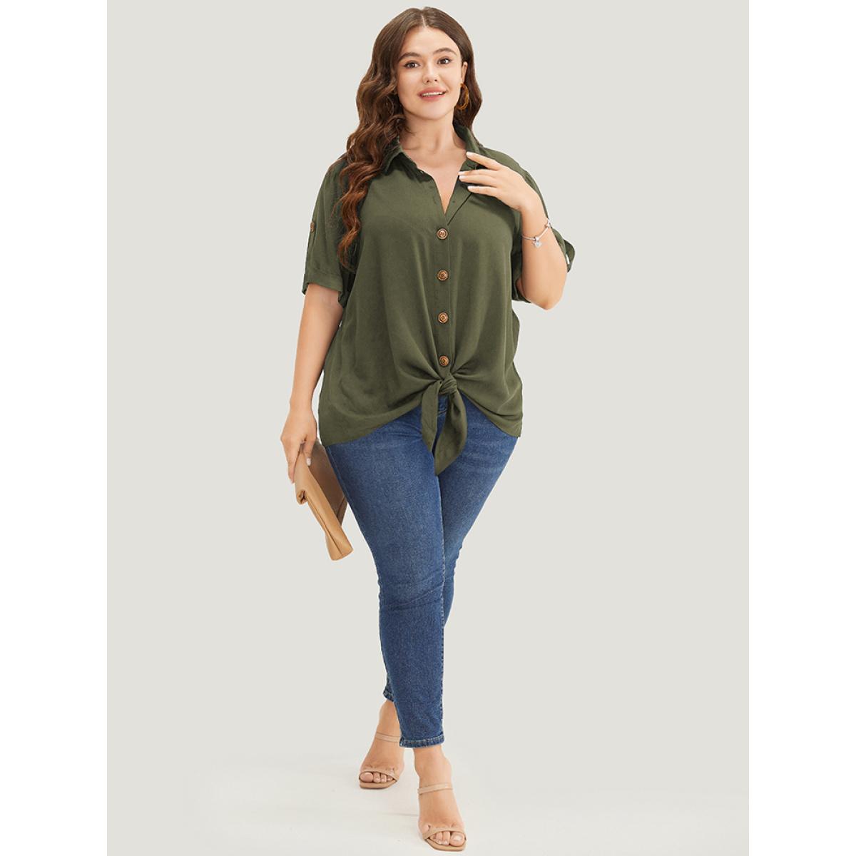 Plus Size ArmyGreen Solid Button Up Roll Sleeve Knotted Hem Blouse Women Office Short sleeve Shirt collar Dailywear Blouses BloomChic 10/M Product Image