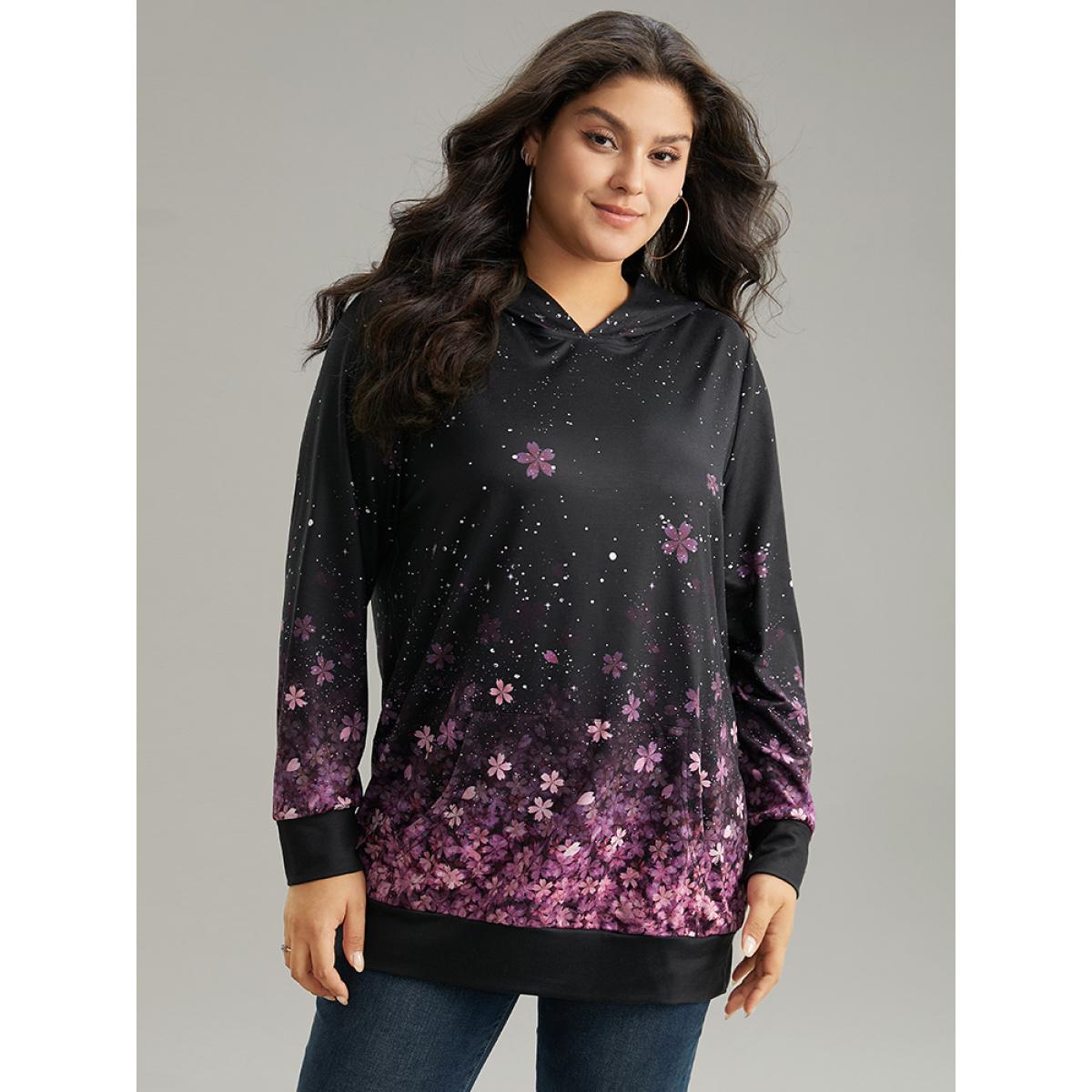 Plus Size Floral Hooded Kangaroo Pocket Sweatshirt Women Black Casual Printed Hooded Dailywear Sweatshirts BloomChic 30/6X Product Image
