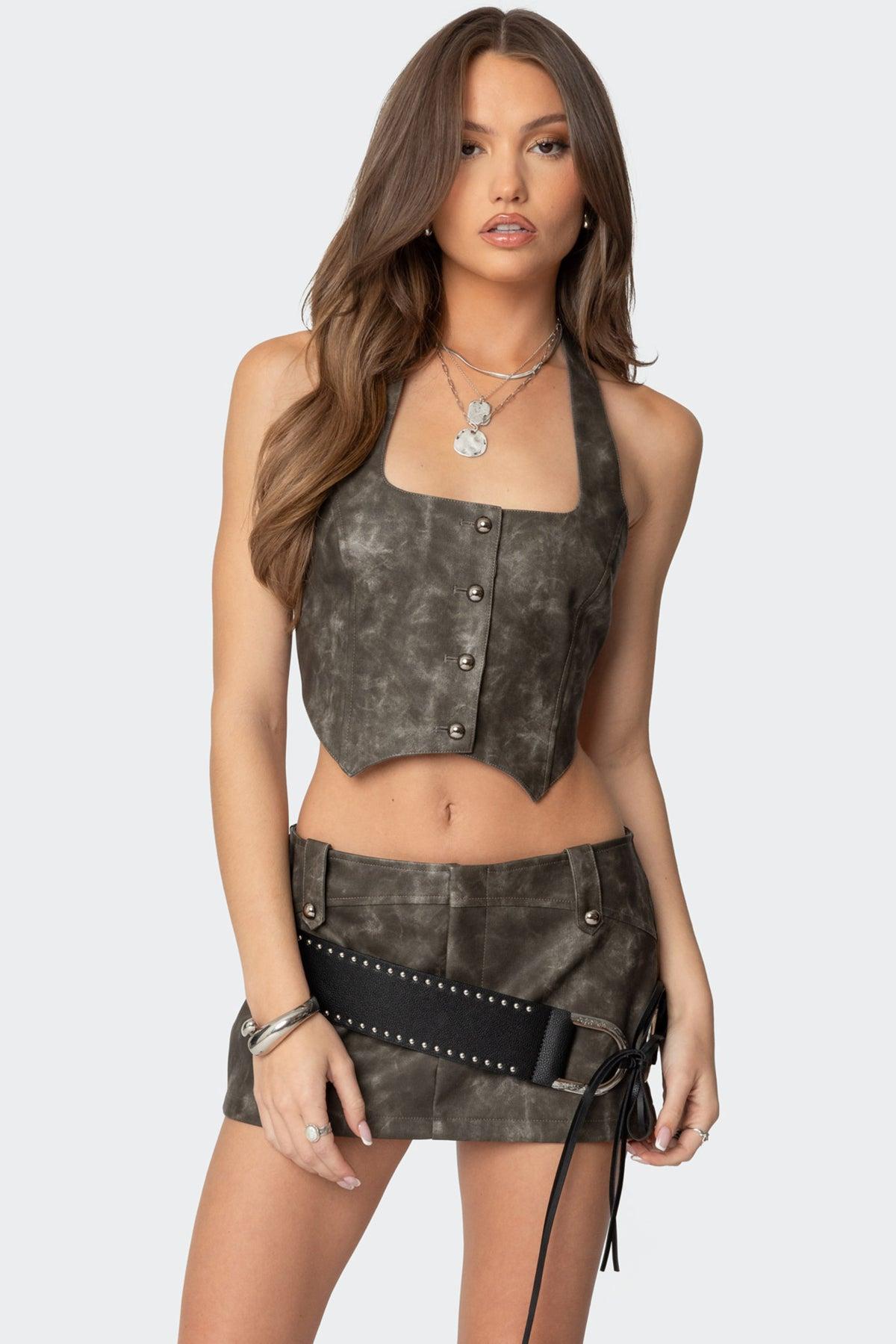 Bar Washed Faux Leather Halter Top Product Image
