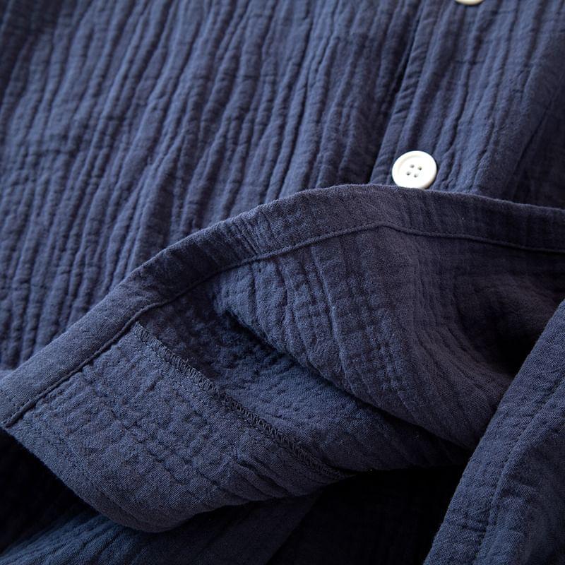 Pajama Set: Short-Sleeve Lapel Collar Plain Button Top + Lounge Shorts Product Image