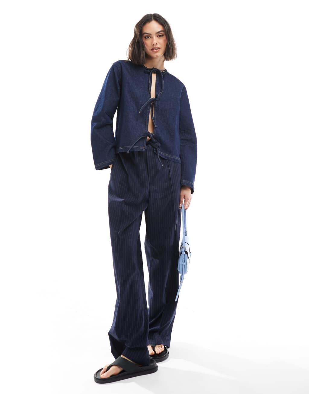 ASOS DESIGN denim long sleeve tie front top with contrast stitching in indigo Product Image