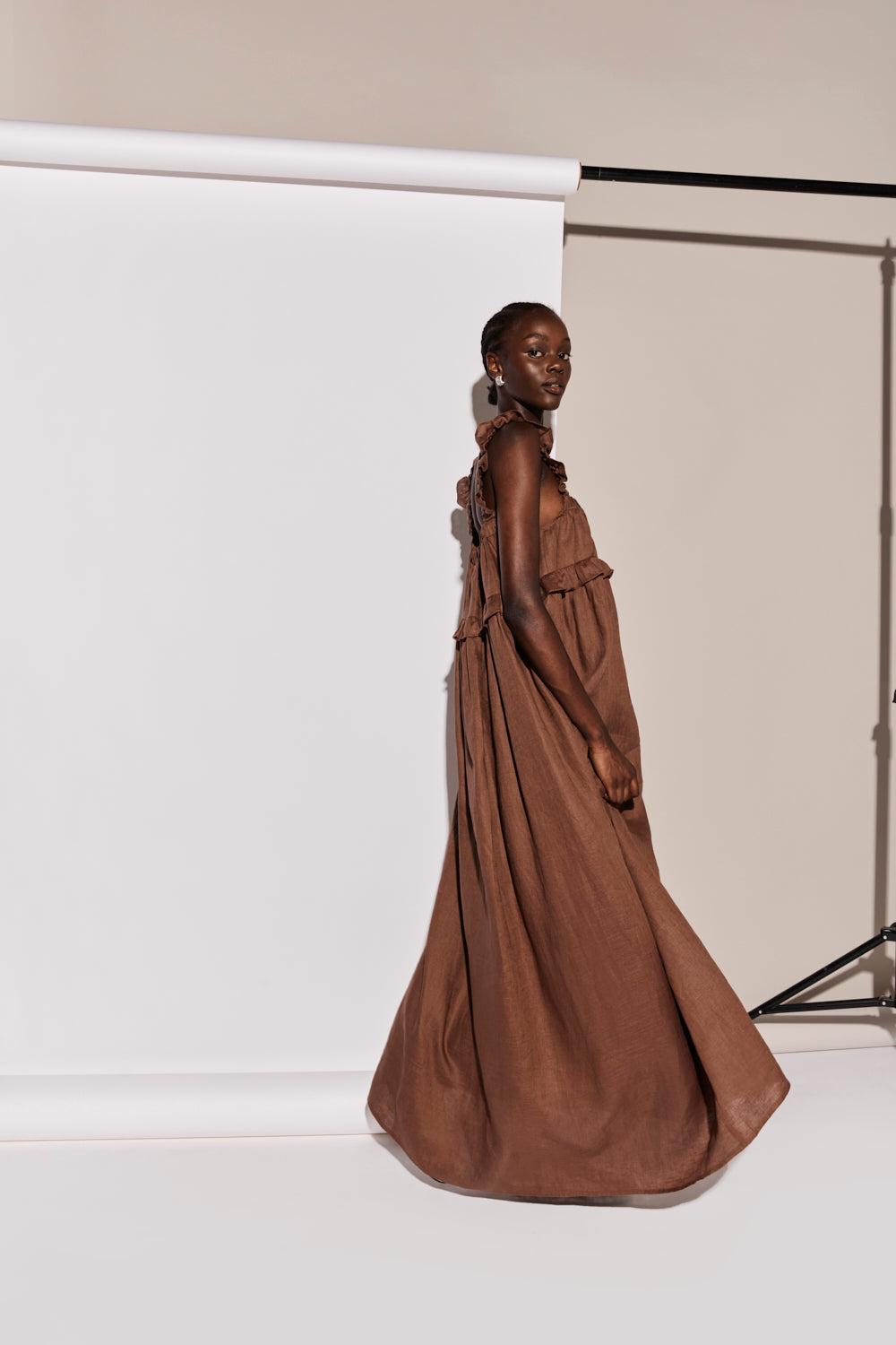 Rossana Linen Maxi Dress Chocolate Product Image