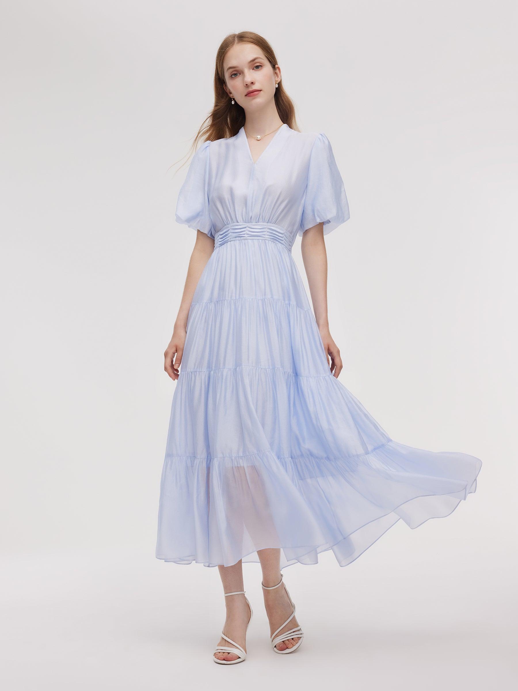 A-Line V-Neck Women Pleated Tiered Maxi Dress Product Image