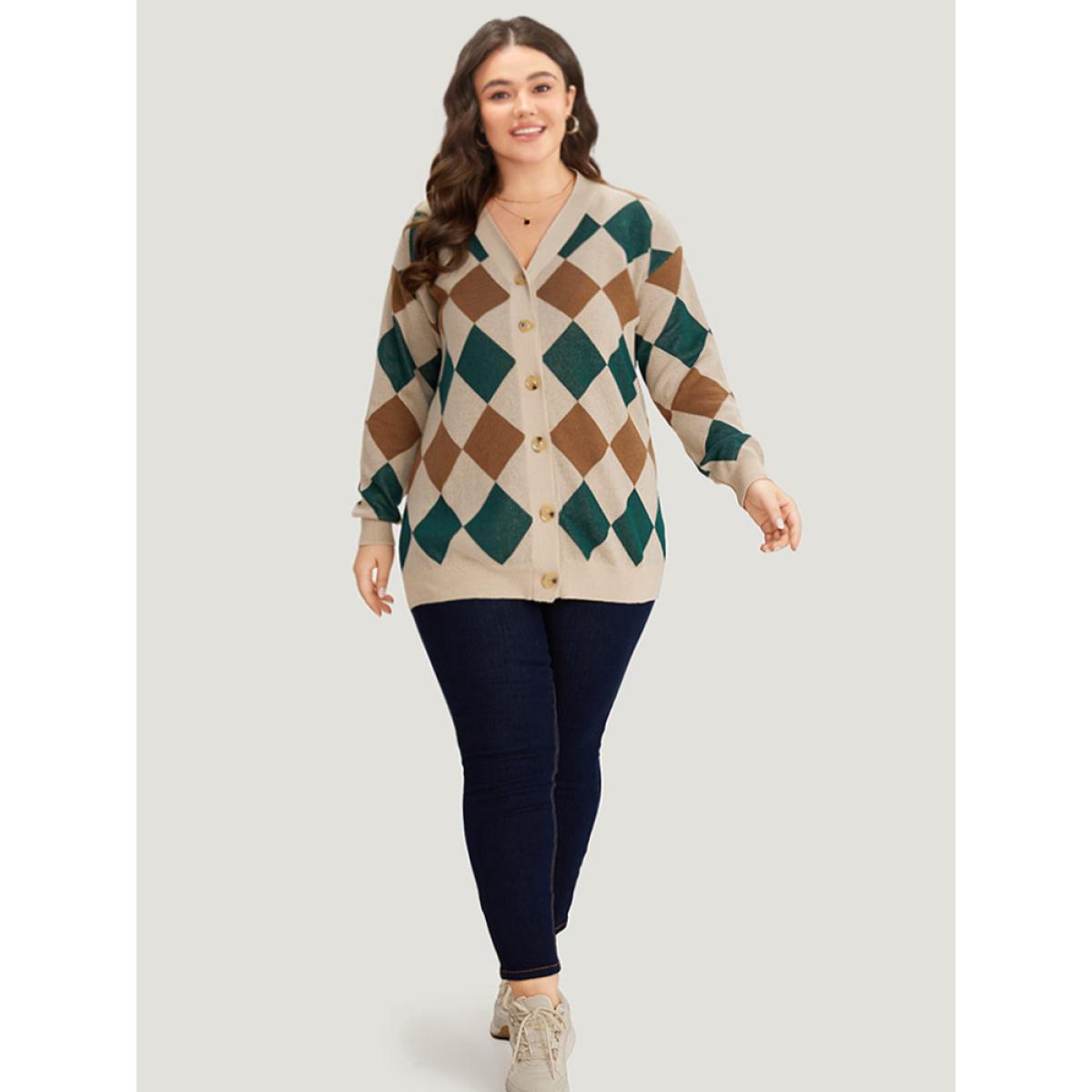 Plus Size Argyle Plaid Contrast Button Up Cardigan Multicolor Women Casual Loose Long Sleeve Dailywear Cardigans BloomChic 26/4X Product Image