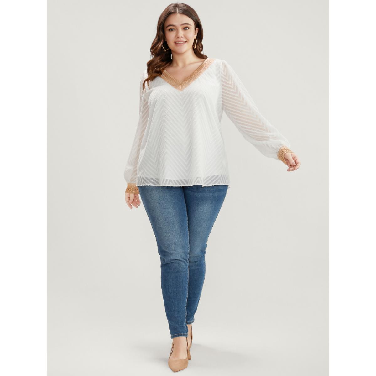 Plus Size Ivory Geometric Mesh Crochet Lace V Neck Blouse Women Elegant Long Sleeve V-neck Dailywear Blouses BloomChic 22-24/3X Product Image