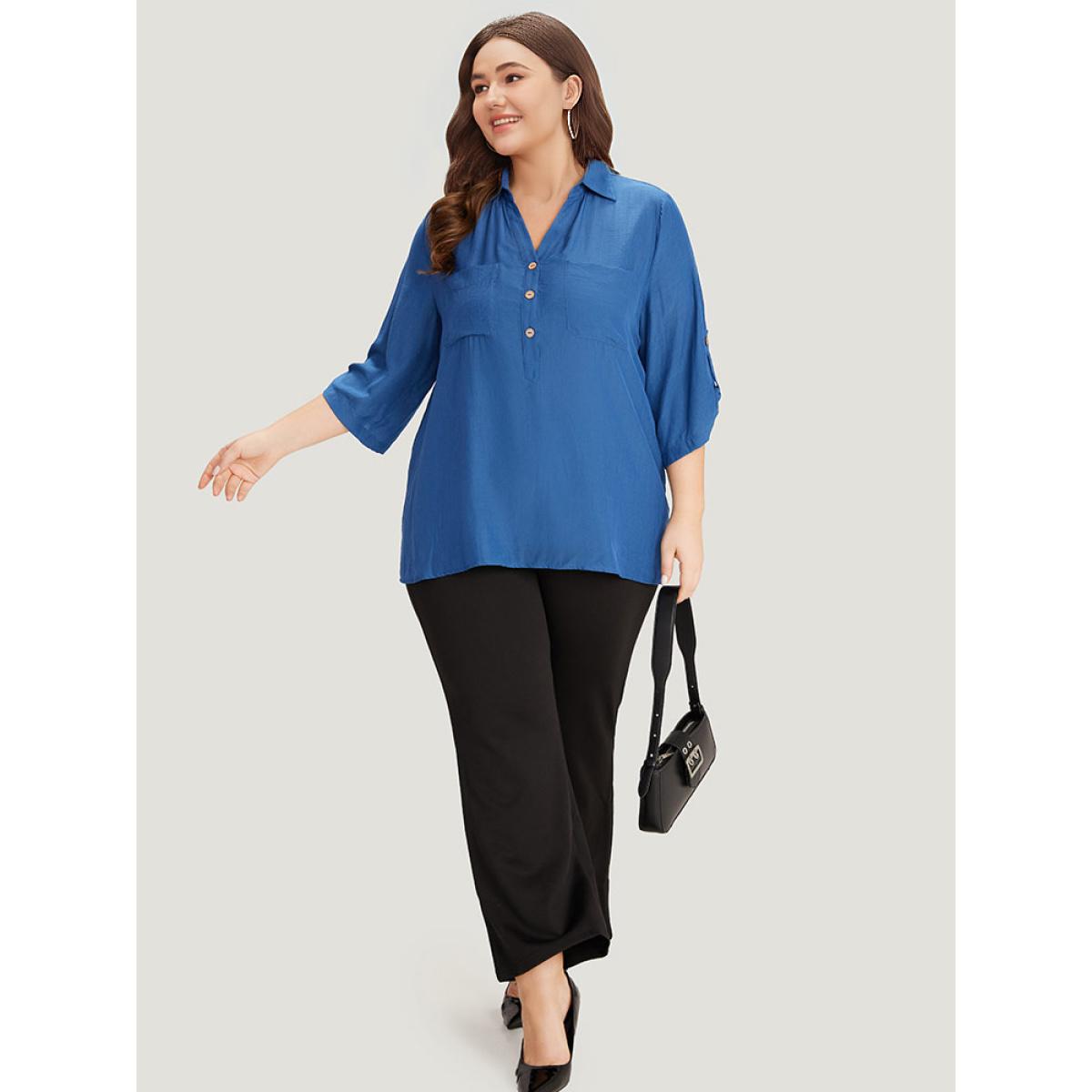 Plus Size Aegean Supersoft Essentials Solid Button Up Pocket Shirt Collar Blouse Women Office Elbow-length sleeve V-neck Dailywear Blouses BloomChic 18-20/2X Product Image