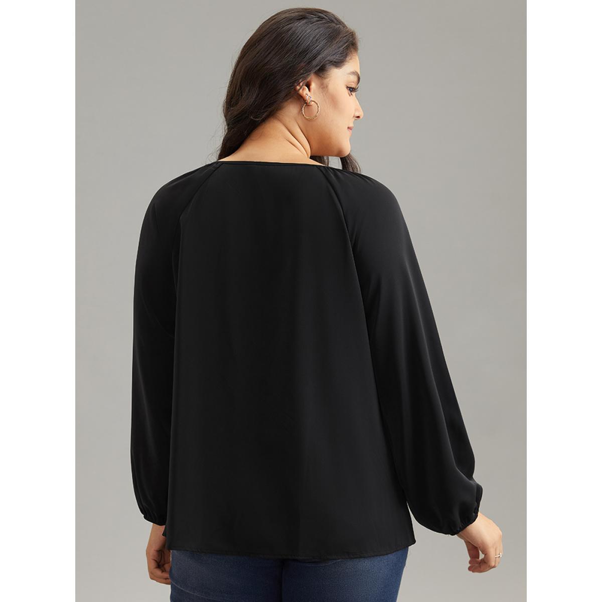 Plus Size Black Static-Free Chain Detail Cut Out Raglan Sleeve Blouse Women Office Long Sleeve Round Neck Office Blouses BloomChic 10/M Product Image