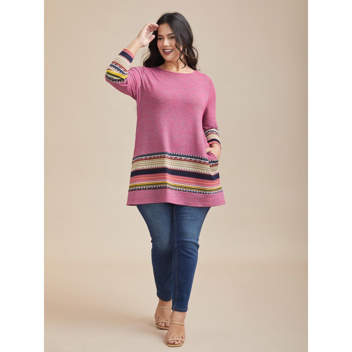 Plus Size Tunic Boho Print Pocket T-shirt RedViolet Women Casual Contrast Round Neck Loose Everyday T-shirts BloomChic 22-24/3X Product Image