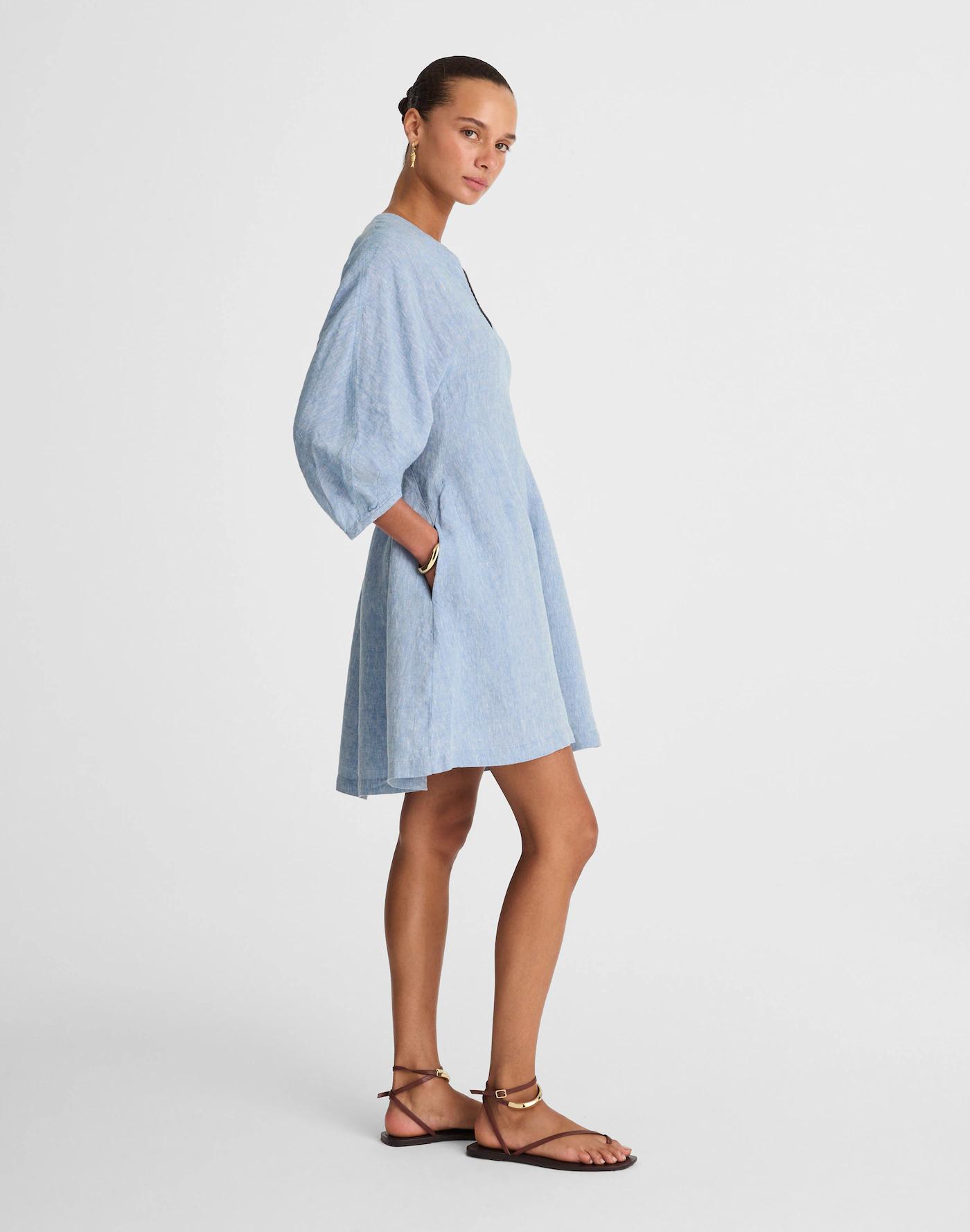 Splitneck Mini Dress in 100% Linen Product Image